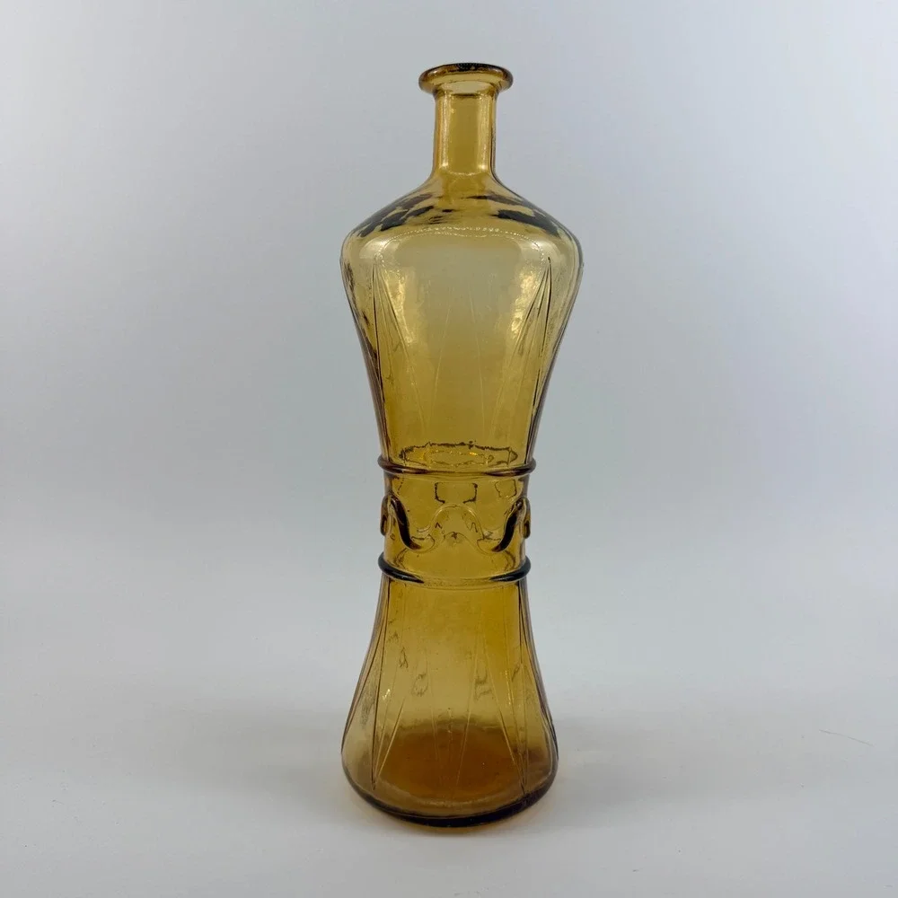 Vintage Empoli Italian Amber Glass Decanter Bottle Applied Ribbon Waist
